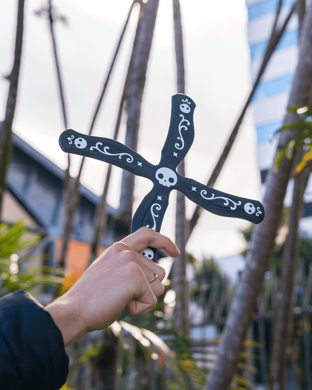 3D Printed Skull Cross Boomerang — Four-Blade Novelty Toy